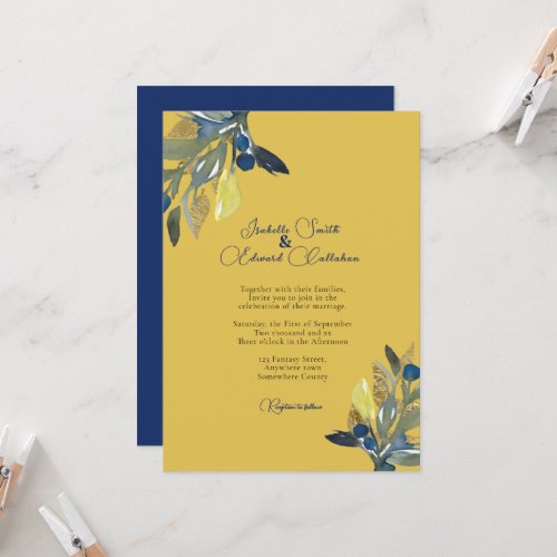 Elegant Navy  Gold Watercolor Leaves Wedding Invitation