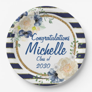 Elegant Navy & Gold Watercolor Roses Graduation Paper Plates