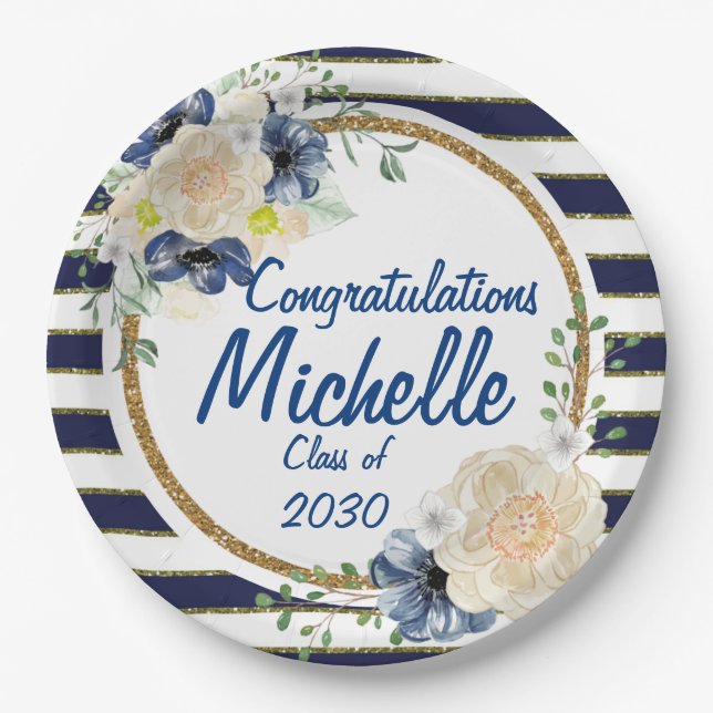 Elegant Navy & Gold Watercolor Roses Graduation Paper Plates (Front)