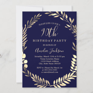 Elegant Navy Gold Watercolor Wreath 90th Birthday Invitation