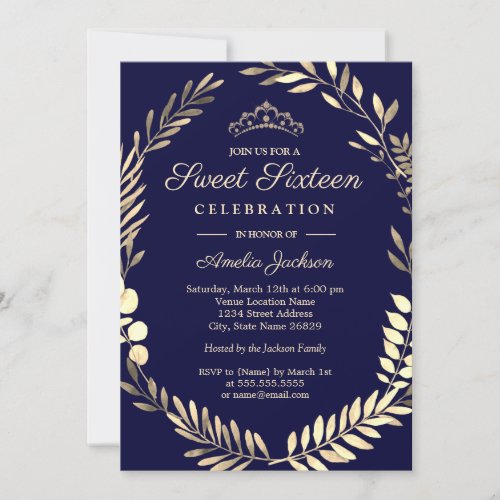 Elegant Navy Gold Watercolor Wreath Sweet Sixteen Invitation