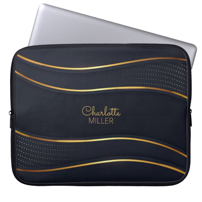 Elegant Navy-Gold Wavy Lines and Customization Laptop Sleeve (Front)