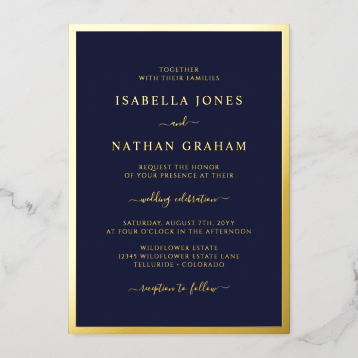 Elegant Navy Gold Wedding Foil Invitation | Zazzle