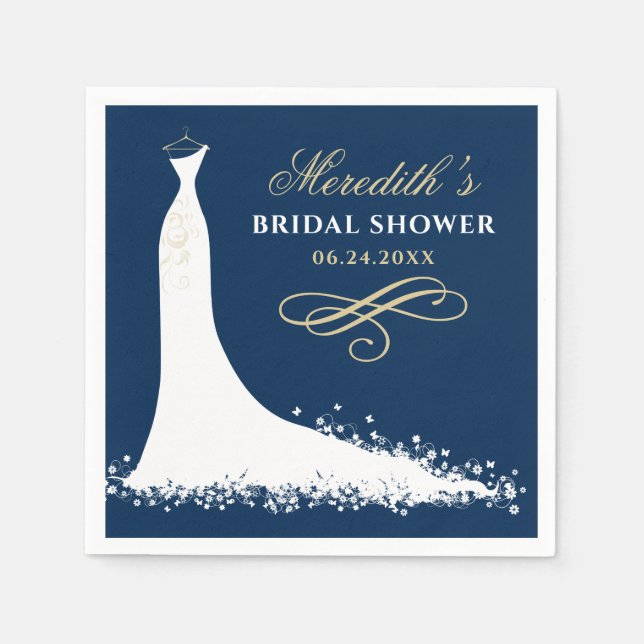 Elegant Navy Gold Wedding Gown Bridal Shower Paper Napkins (Front)