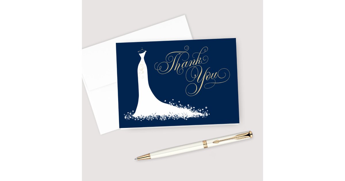 Elegant Navy Gold Wedding Gown Bridal Shower Thank You Card | Zazzle