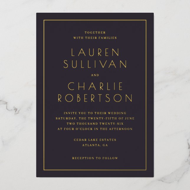 Elegant Navy Gold Wedding Invitation Foil Invitation (Front)
