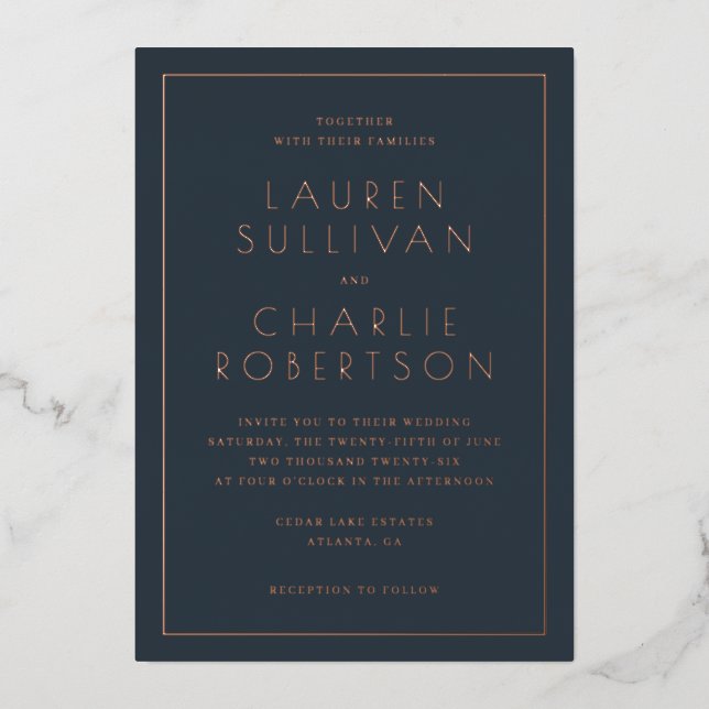 Elegant Navy Gold Wedding Invitation Foil Invitation (Front)