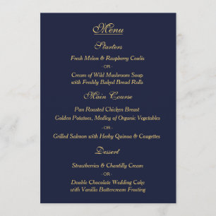 Elegant Navy Gold Wedding Menu Card