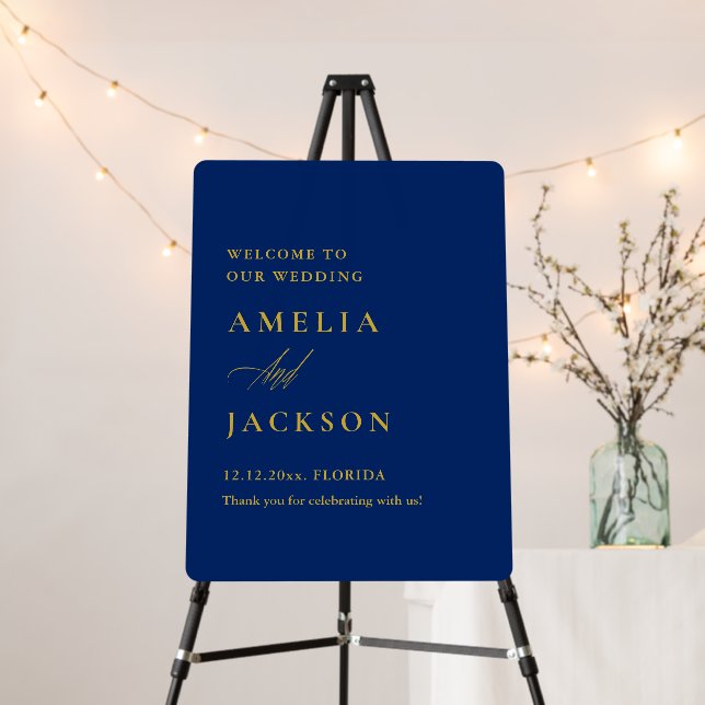 Elegant Navy & Gold Wedding Welcome Sign (In Situ (Stand))