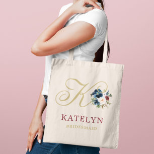 Elegant Navy Gold Wine Floral Monogram Tote Bag