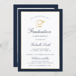 Elegant navy & graduation ceremony invitation<br><div class="desc">An elegant graduation ceremony card with faux gold and navy borders. The text details and image can be personalized.</div>