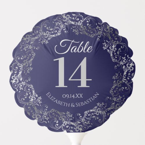 Elegant Navy  Gray Frilly Wedding Table Number Balloon