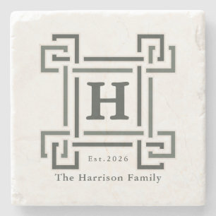 Elegant Navy Gray Monogram Family Name Stone Coaster