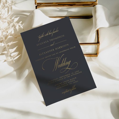 Elegant Navy Gray Vintage Calligraphy Wedding Foil Invitation