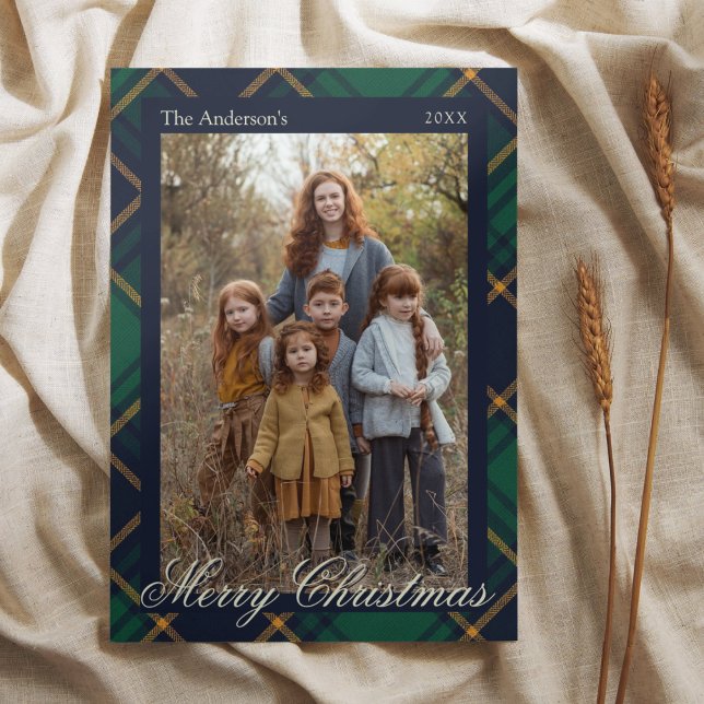 Elegant Navy Green Plaid Christmas Holiday Card (Creator Uploaded)