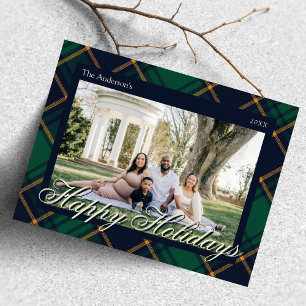 Elegant Navy Green Plaid Happy Holidays Postcard