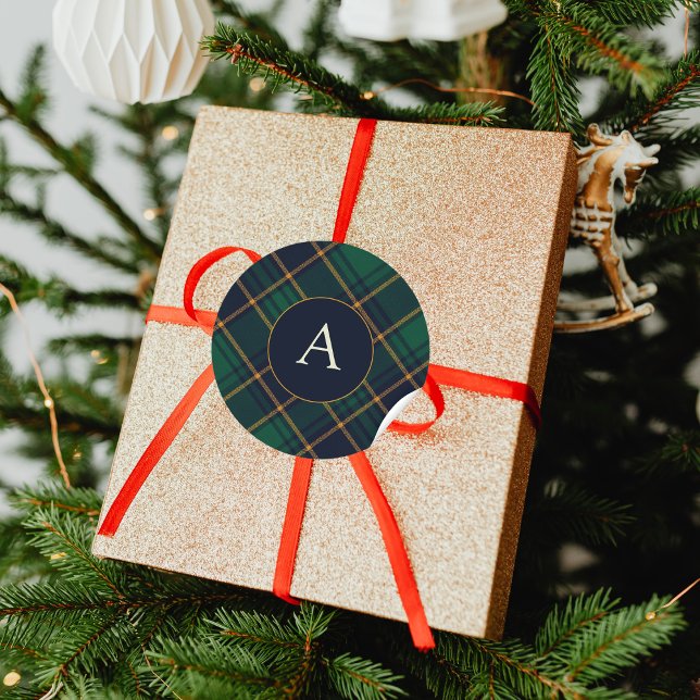 Elegant Navy Green Plaid Monogram Classic Round Sticker (Creator Uploaded)