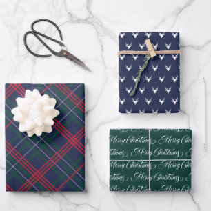 Elegant Navy Green Red Tartan Deer Christmas Wrapping Paper Sheets