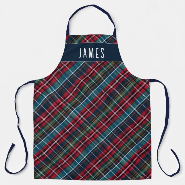 Elegant Navy Green Red Tartan Plaid Personalized  Apron (Front)