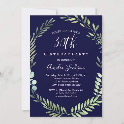 Elegant Navy Green Watercolor 30th Birthday Invitation