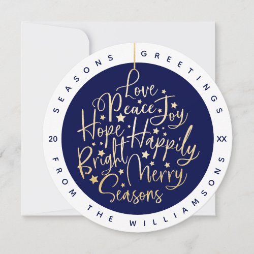 Elegant Navy Greetings Typography Ornament Photo Holiday Card