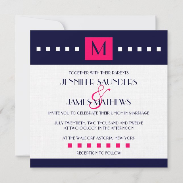 Elegant Navy Hot Pink Monogram Wedding Invitation (Front)