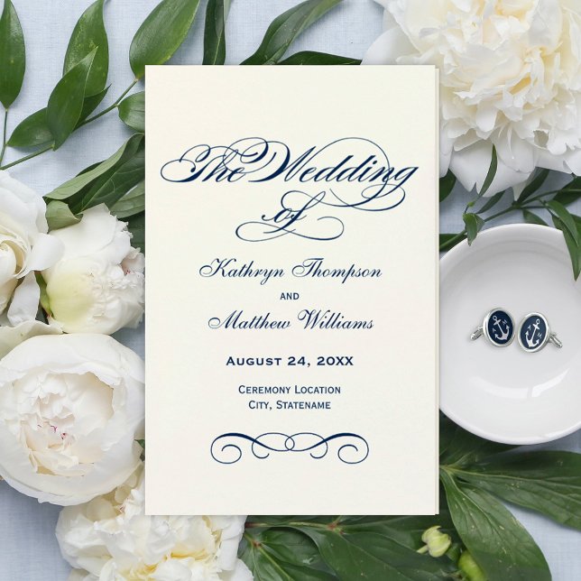 Elegant Navy Ivory Calligraphy Wedding Programs (Creator Uploaded)