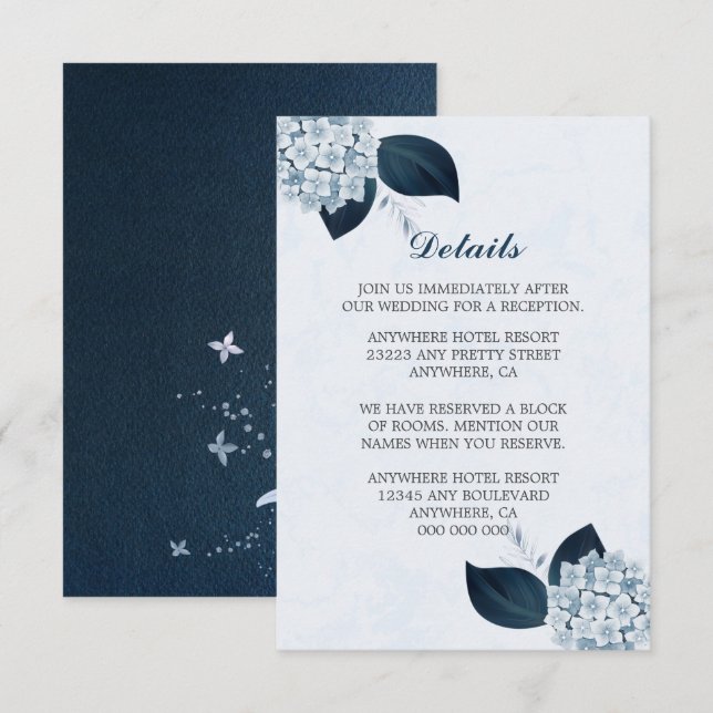 Elegant navy leaves & dusty blue flowers details enclosure card (Front/Back)