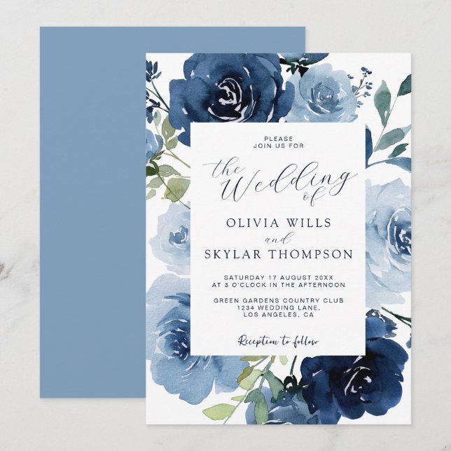 Elegant Navy Light Blue Dusty Flowers Wedding Invitation (Front/Back)