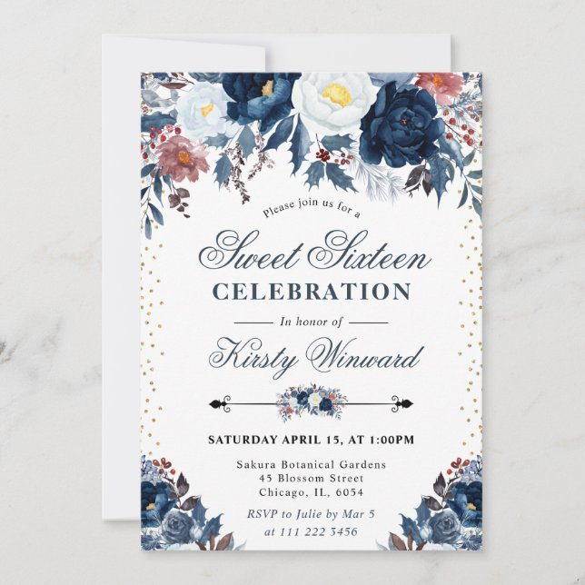 Elegant Navy & Light Blue Floral Sweet Sixteen Invitation (Front)