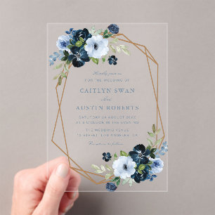 Elegant Navy & light blue floral wedding Acrylic Invitations