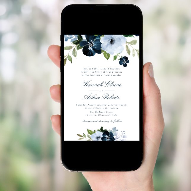 elegant navy & light blue floral wedding invitation (Front Digital)