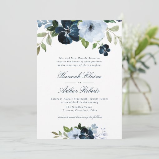 elegant navy & light blue floral wedding invitation | Zazzle