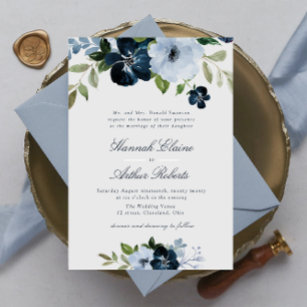 elegant navy & light blue floral wedding invitation