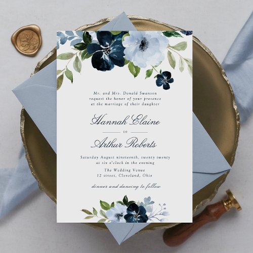 elegant navy  light blue floral wedding invitation