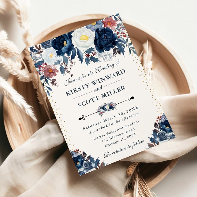 Elegant Navy & Light Blue Floral Wedding Invitation (Creator Uploaded)