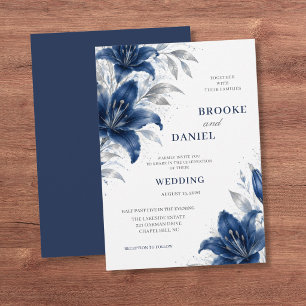Elegant Navy Lily Silver Glitter Wedding Invitation