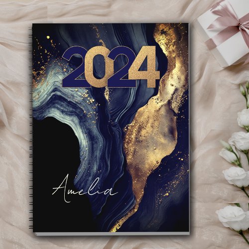 Elegant navy marble art faux gold glitter 2024 planner