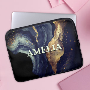 Elegant navy marble art faux gold glitter laptop sleeve