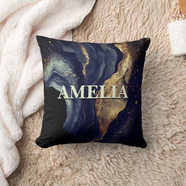 Elegant navy marble art faux gold glitter throw pillow (Blanket)