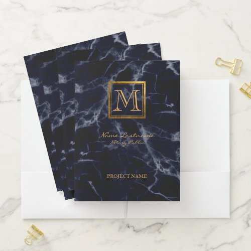 Elegant Navy Marble Square Gold Monogram Notary Pocket Folder