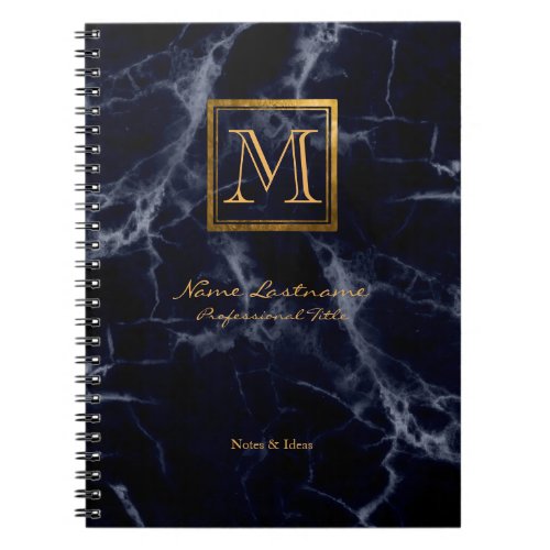 Elegant Navy Marble Square Gold Monogram Notebook