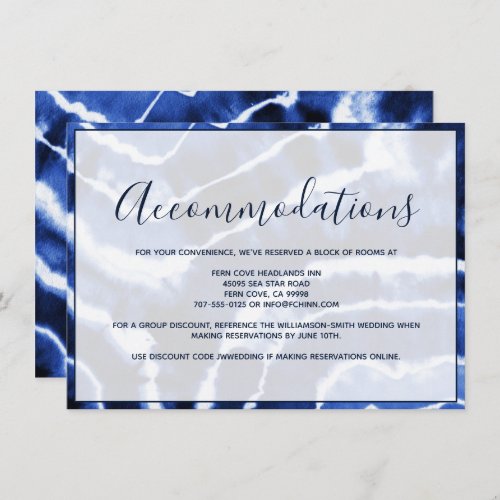 Elegant Navy Marble Tie Dye Wedding Accommodations Enclosure Card
