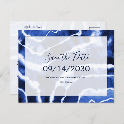 Elegant Navy Marble Tie Dye Wedding Save the Date Announcement Postcard