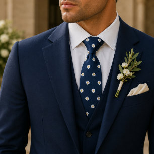 Elegant Navy Micro Daisy Floral Pattern Neck Tie