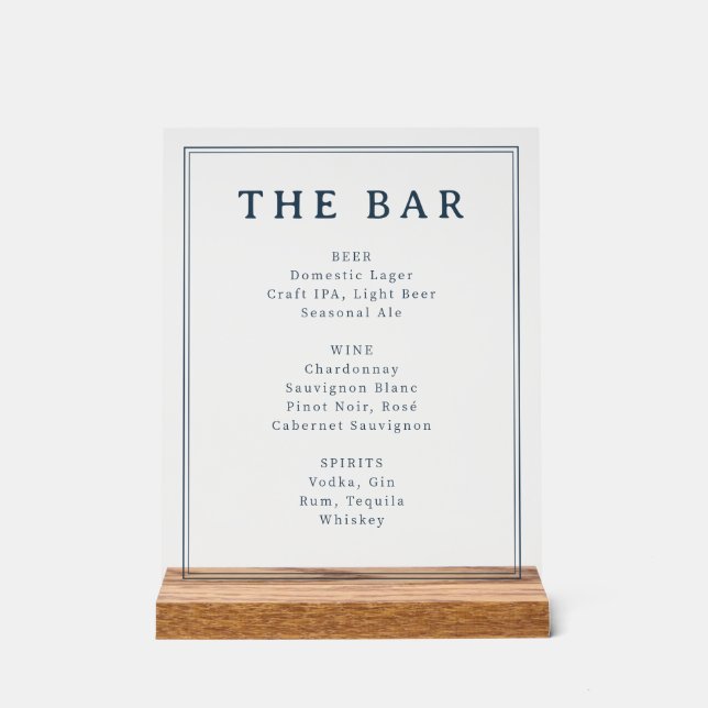 Elegant Navy Minimalist Bar Menu Acrylic Sign (Front)
