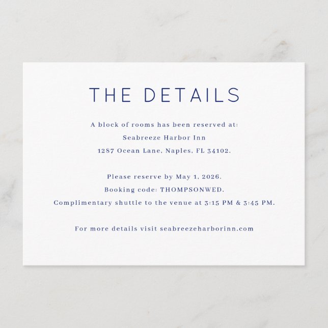 Elegant Navy Minimalist Details Enclosure Card (Front)