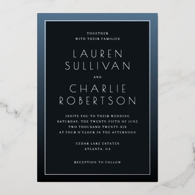 Elegant Navy Minimalist Wedding Invitation Foil Invitation (Front)