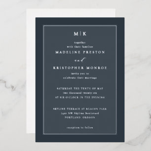 Elegant Navy Minimalist Wedding Invitation Foil Invitation