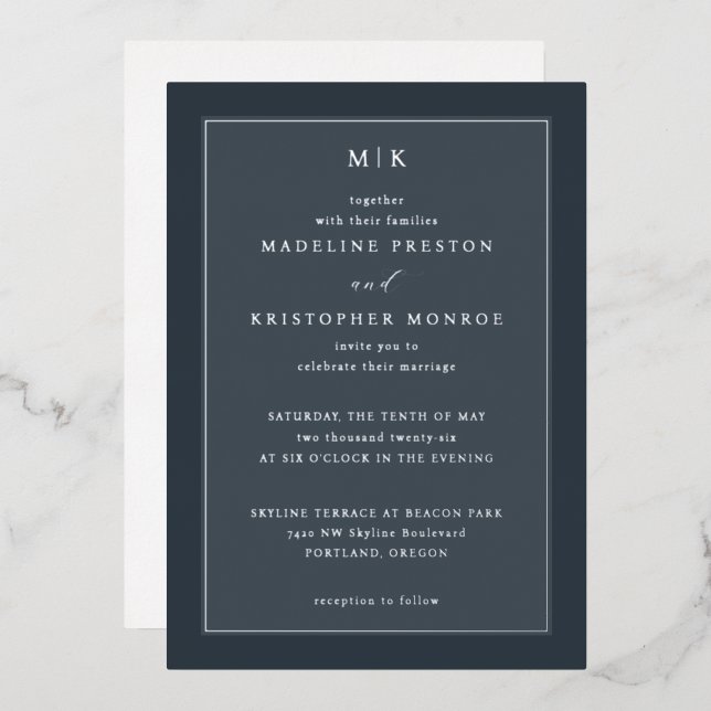 Elegant Navy Minimalist Wedding Invitation Foil Invitation (Front/Back)